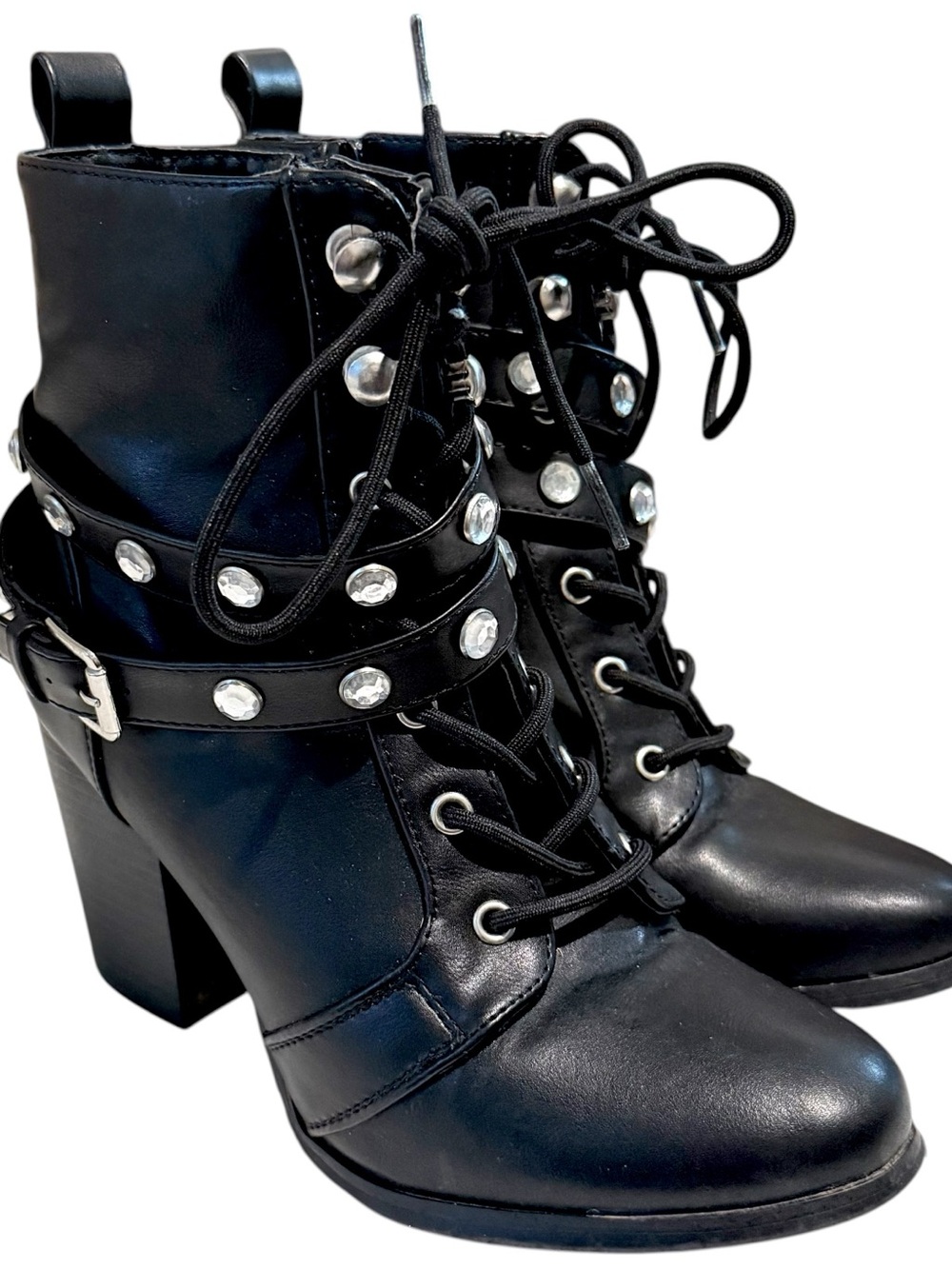 XOXO Women’s 6.5 Black Studded Combat Ankle Boots Lace Up Block Heel